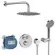 Duschelement mit Regenbrause und Handbrause, Thermostat- und Kontrollknöpfen, montierbar an der Wand. Ideal Standard Armaturen in Chrom-Optik.